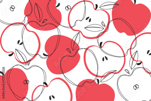 Vector seamless pattern with red apple line art.  Seamless decorative background with red apples. Bright summer design