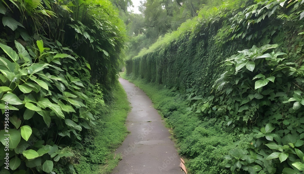 A dense wall of vegetation blocking the path upscaled 3