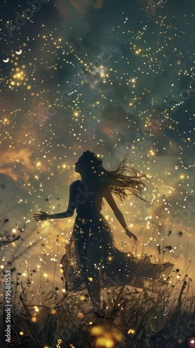 Girl standing in a field of wheat, surrounded by fireflies. The night sky is full of stars.