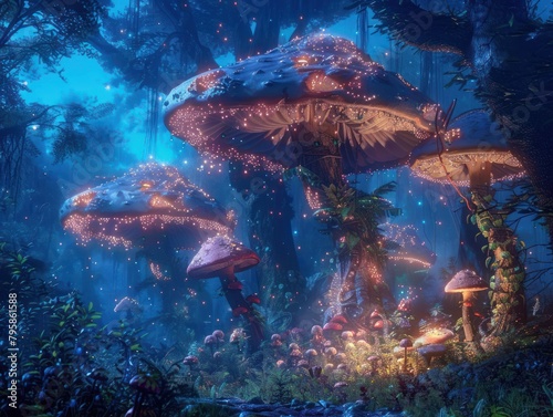 Glowing mushrooms in a dark forest