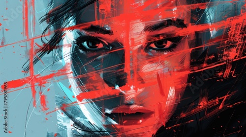 Portrait of a young woman with red and blue paint smeared across her face