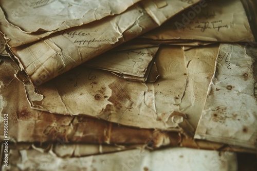 Timeless charm: A stack of weathered yellowed paper with a captivating worn texture, evoking memories of yesteryears.