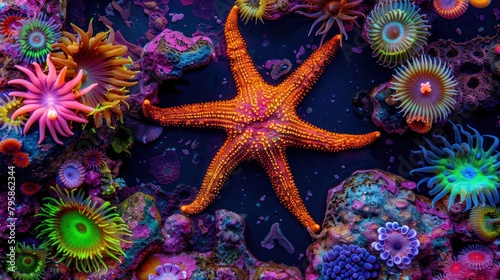 A beautiful orange starfish on a colorful coral reef with many different types of coral and other sea life.