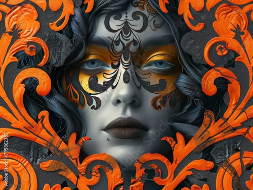A beautiful  highly detailed portrait of a woman with dark hair and blue eyes. She is wearing a black and gold mask  and there are orange floral patterns around her.