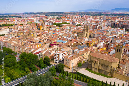 Panoramic aerial view of Logrono city on Ebro river on sunny summer day, Rioja, Spain