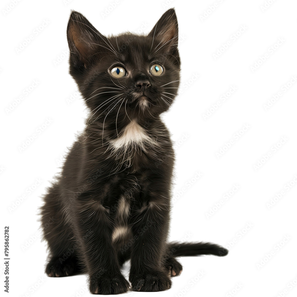 black kitten with white stomach isolated on white background