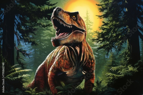 1970s Airbrush Art of a dinosaur in forest outdoors animal nature. © Rawpixel.com