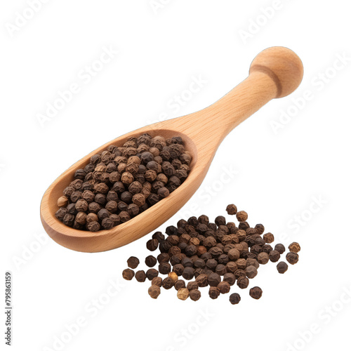 black pepper corn in wooden spoon with bowl isolated on white background