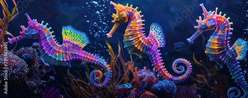 A group of colorful seahorses swim through a coral reef.