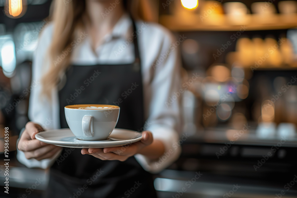Waitress presenting freshly brewed cup of coffee with latte art