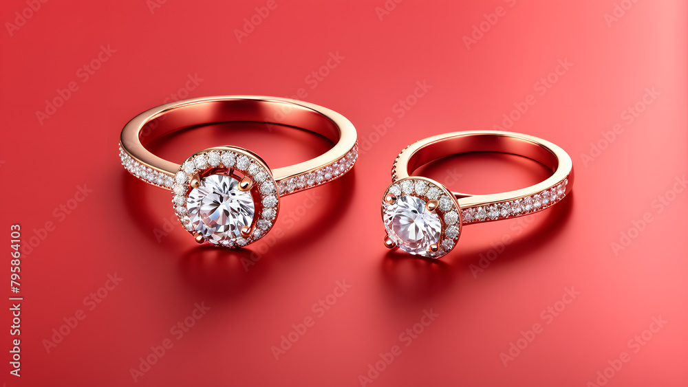 Two rings with diamonds and a red background. The rings are of different sizes