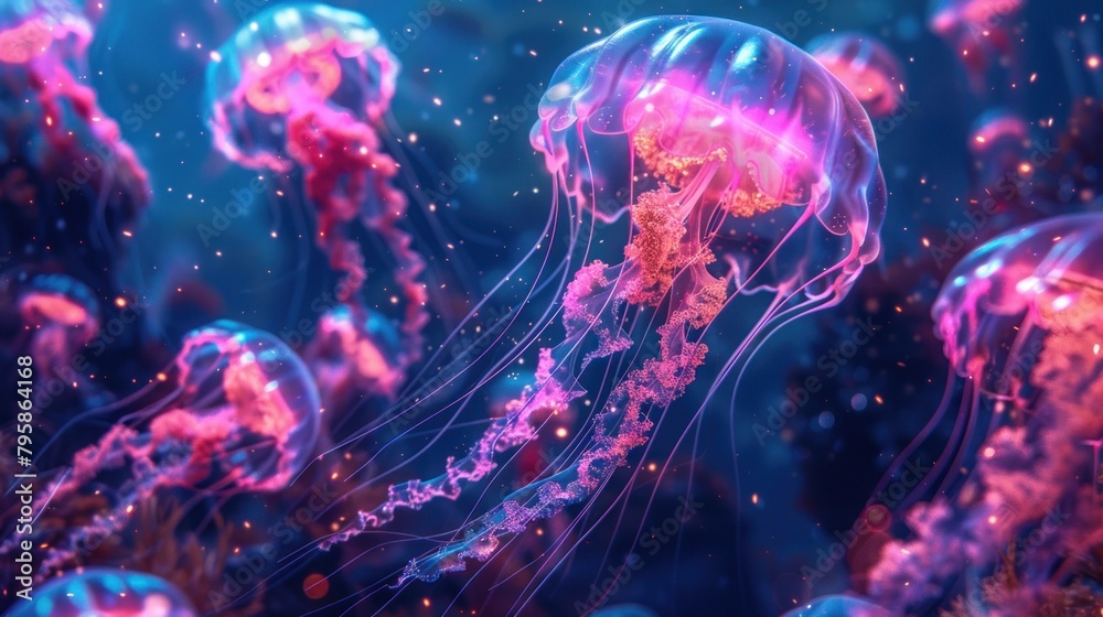 A swarm of glowing jellyfish in the deep blue sea. A swarm of glowing jellyfish in the deep blue sea.