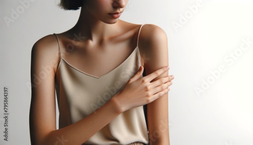 腕に手を当てる若い女性