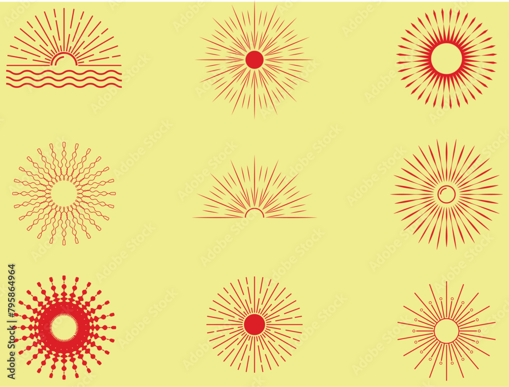 collection of sun logotypes, vector illustrations
flat and simple sun, sun icon, sunburst, bohemian linear logo, geometric abstract design element for decoration.