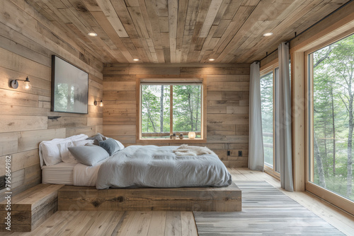 Serene minimalist bedroom in Canadian rustic cabin with earthy palette and natural wood, bathed in morning light for a tranquil ambiance. © Quasarai