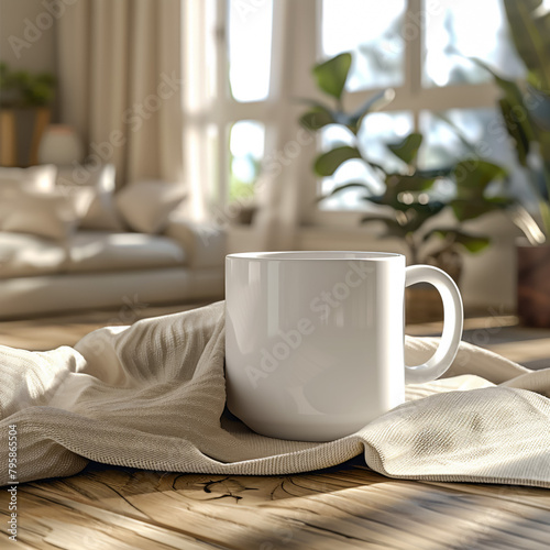 White mug on table and modern room background. Blank drink cup for your design. Can put text, image, and logo.