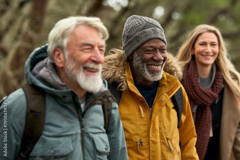 Group of senior friends hiking in the forest. They are smiling and looking at camera. Group of senior friends hiking in the forest. They are smiling and looking at camera.