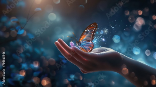 Butterflies fly above the hand freely with a beautiful light background