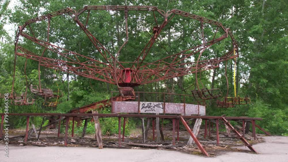 Abandoned carousel in the city of Pripyat. The whole playground was overgrown with greenery and trees. Consequences of the Chernobyl disaster. Abandoned carousel in the city of Pripyat. The whole playground was overgrown with greenery and trees. Consequences of the Chernobyl disaster.