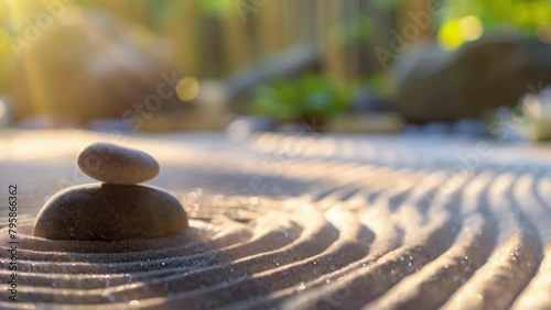 Hazy and ethereal defocused image of a Zen garden with muted tones and gentle lines of raked sand and tered pebbles evoking a soothing sense of calm and balance. . photo