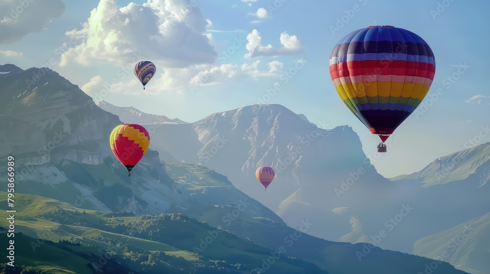Fototapeta premium Colorful hot air balloons on a beautiful mountain background
