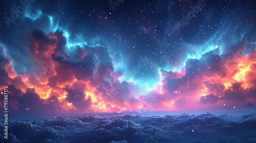 Background illustration of a night sky with a fantastic aurora --ar 16 9 --stylize 750 Job ID  853ba08a-cc4a-4e00-b118-473f7410542c