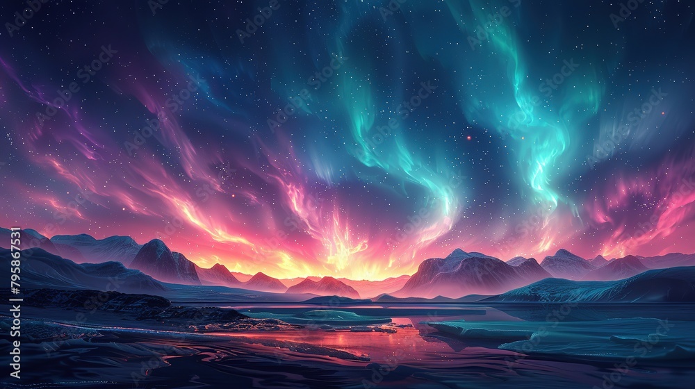 Background illustration of a night sky with a fantastic aurora --ar 16:9 --stylize 750 Job ID: e8e25ea5-27a4-46f7-9857-865efd113fa7