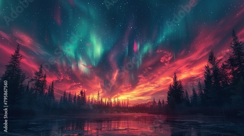 Background illustration of a night sky with a fantastic aurora --ar 16:9 --stylize 750 Job ID: f547eb1c-e536-4e7c-a8f8-04d0e50336ad © Jennifer