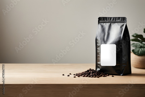A coffee concept prepared for mockup, with a black coffee package with a white label on a light wooden table © W2GO