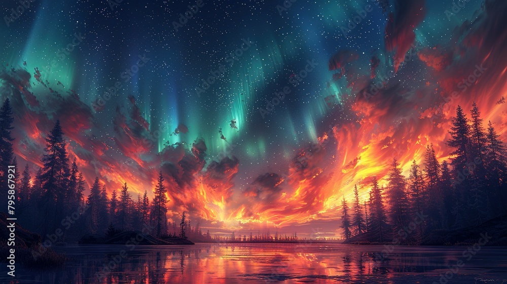 Background illustration of a night sky with a fantastic aurora --ar 16:9 --stylize 750 Job ID: 05df9980-515b-499b-80b5-85b894ac7e1a Background illustration of a night sky with a fantastic aurora --ar 16:9 --stylize 750 Job ID: 05df9980-515b-499b-80b5-85b894ac7e1a