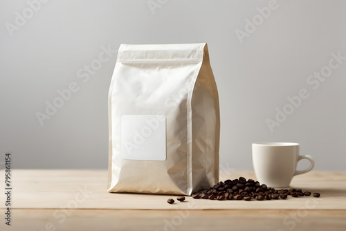 A coffee concept prepared for mockup, with a white coffee package on a light wooden table