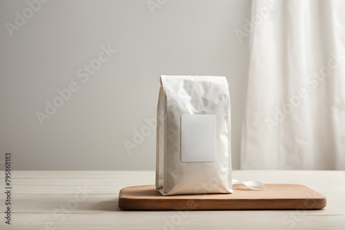 A coffee concept prepared for mockup, with a white coffee package on a light wooden table © W2GO