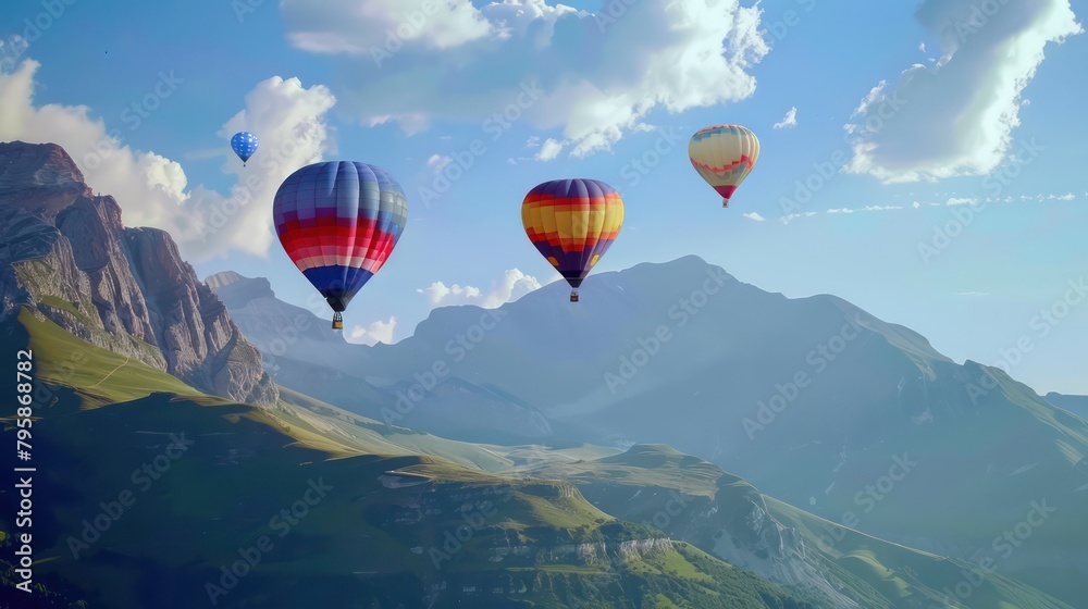 Colorful hot air balloons on a beautiful mountain background