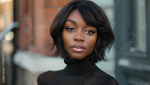 With a sleek bob and bold winged eyeliner a black woman radiates confidence in a mini skirt and turtleneck sweater channeling the chic and timeless style of the 60s. . photo