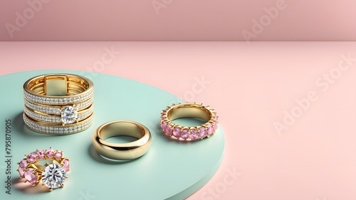 A collection of rings and a diamond ring are displayed on a green surface