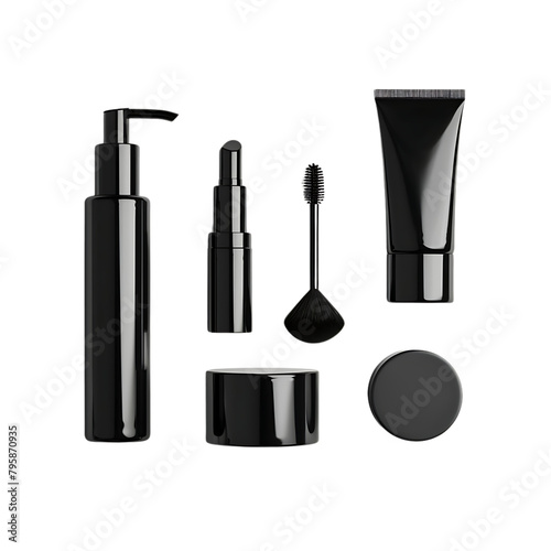 Futuristic Cosmetics Packaging Mockup: Modern Cut Out PNG Presentation, Realistic cosmetic mockups. black cosmetics bottle, container and jar, spray 