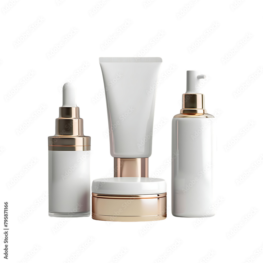Chic Cosmetics Product Mockup: Elegant Cut Out PNG Template, view of white tubes and jars, bottles isolated
