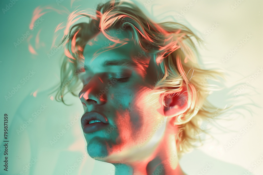 In dreams concept. Portrait of handsome young blond man posing with closed eyes and having visions. Double exposure. Cinematic effect, old films style. Evening time. Indoor shot