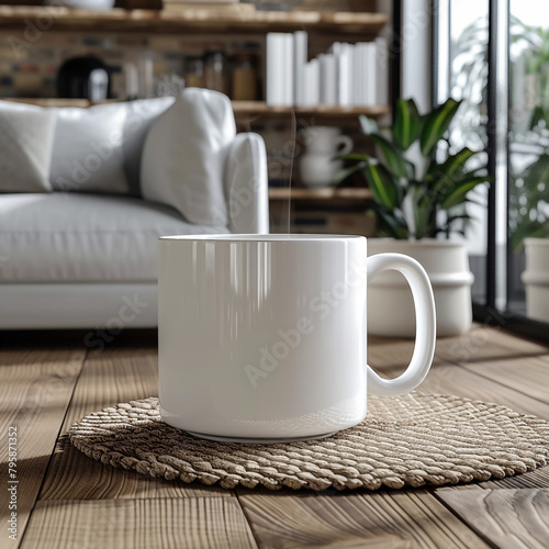 white mug mockup in living room setting --ar 1:1 --stylize 250 --v 6