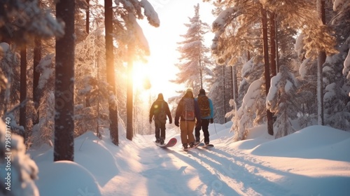 Group of skiers with snowboards walking on mountains with white snow and blue sky under warm sunlight.AI generated image