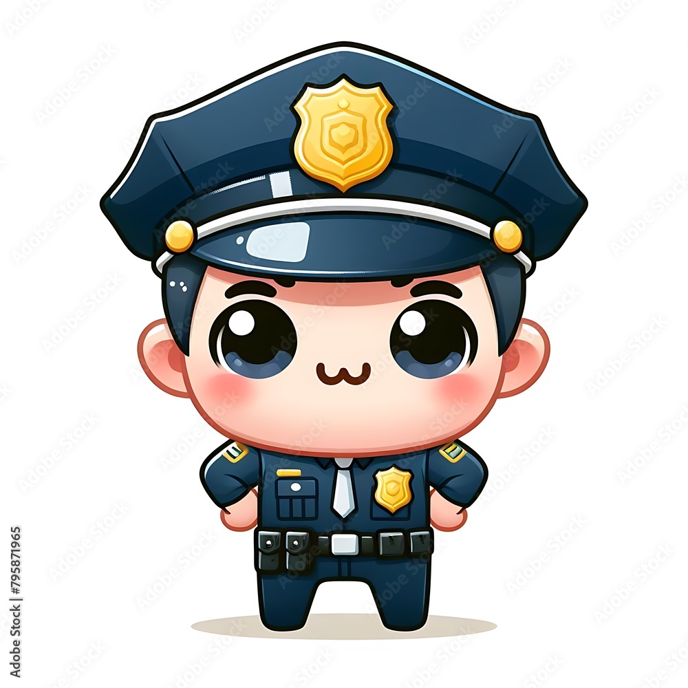 Cute policeman standing with arms on back cartoon character. People profession concept design. Isolated white background. Vector art illustration. Adorable chibi flat cartoon style Cute policeman standing with arms on back cartoon character. People profession concept design. Isolated white background. Vector art illustration. Adorable chibi flat cartoon style