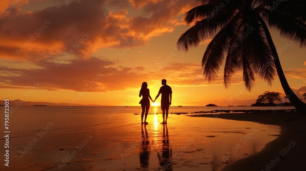 Young Couple standing on the beach at sunset.AI generated image