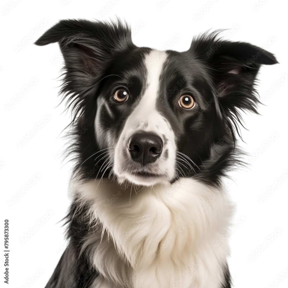 closeup worried or sad border collie dog isolated on white background