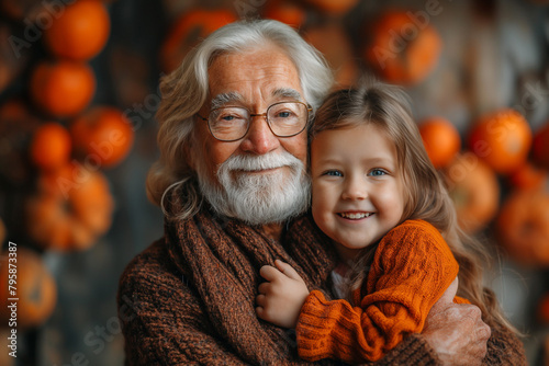 Portrait of cute little girl and her grandfather. Happy family, grandparents love