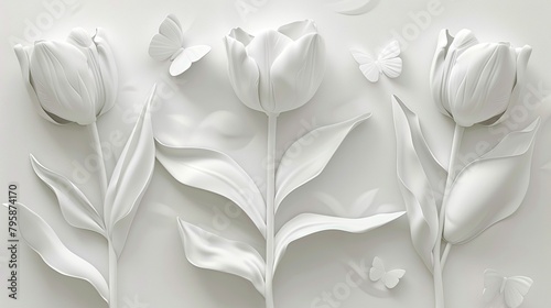 3D textured relief art illustration with white tulips on white background. Digital relief art in flat style with flowers and butterflies. #795874170