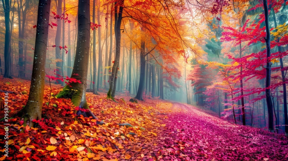 Colorful forest path with fallen leaves