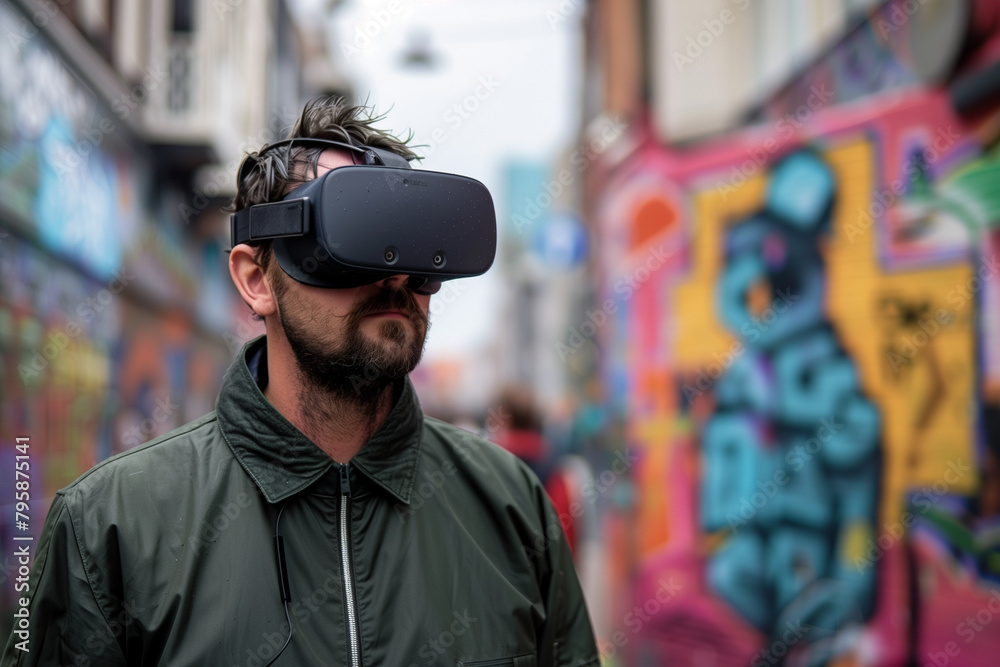 a man walks on the street with virtual reality headset a man walks on the street with virtual reality headset