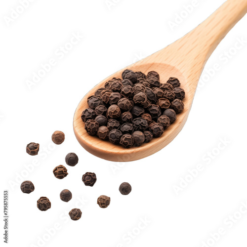 closeup black pepper seeds or peppercorns dried seeds of piper nigrum in wooden spoon isolated on white background