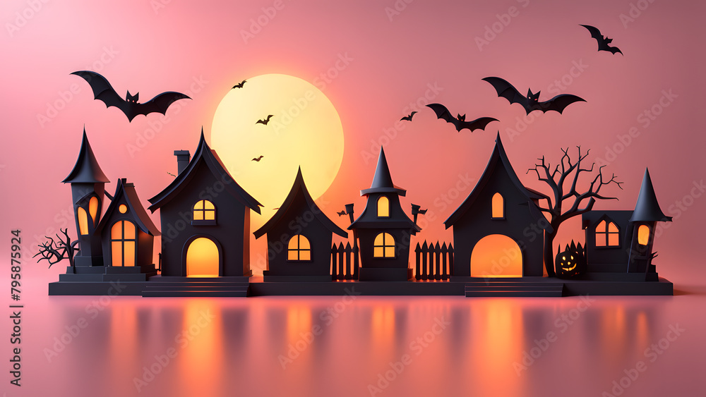 A Halloween scene with houses and bats flying in the sky