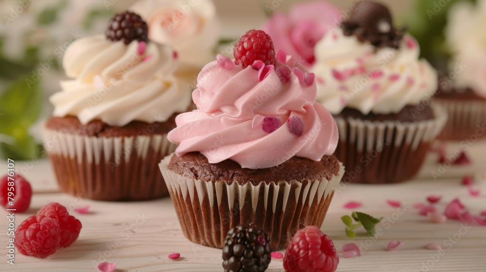 Three cupcakes topped with frosting and berries